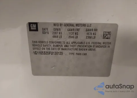 2015 Chevrolet Impala 2Lz из США, поврежденный, VIN 1G1165S35FU130129